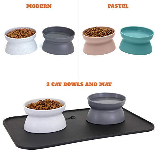 Kitty City Elevated Whisker-Friendly Cat Bowls, Dishwasher Safe Plastic with Non-Skid Placemat, 3-Pack