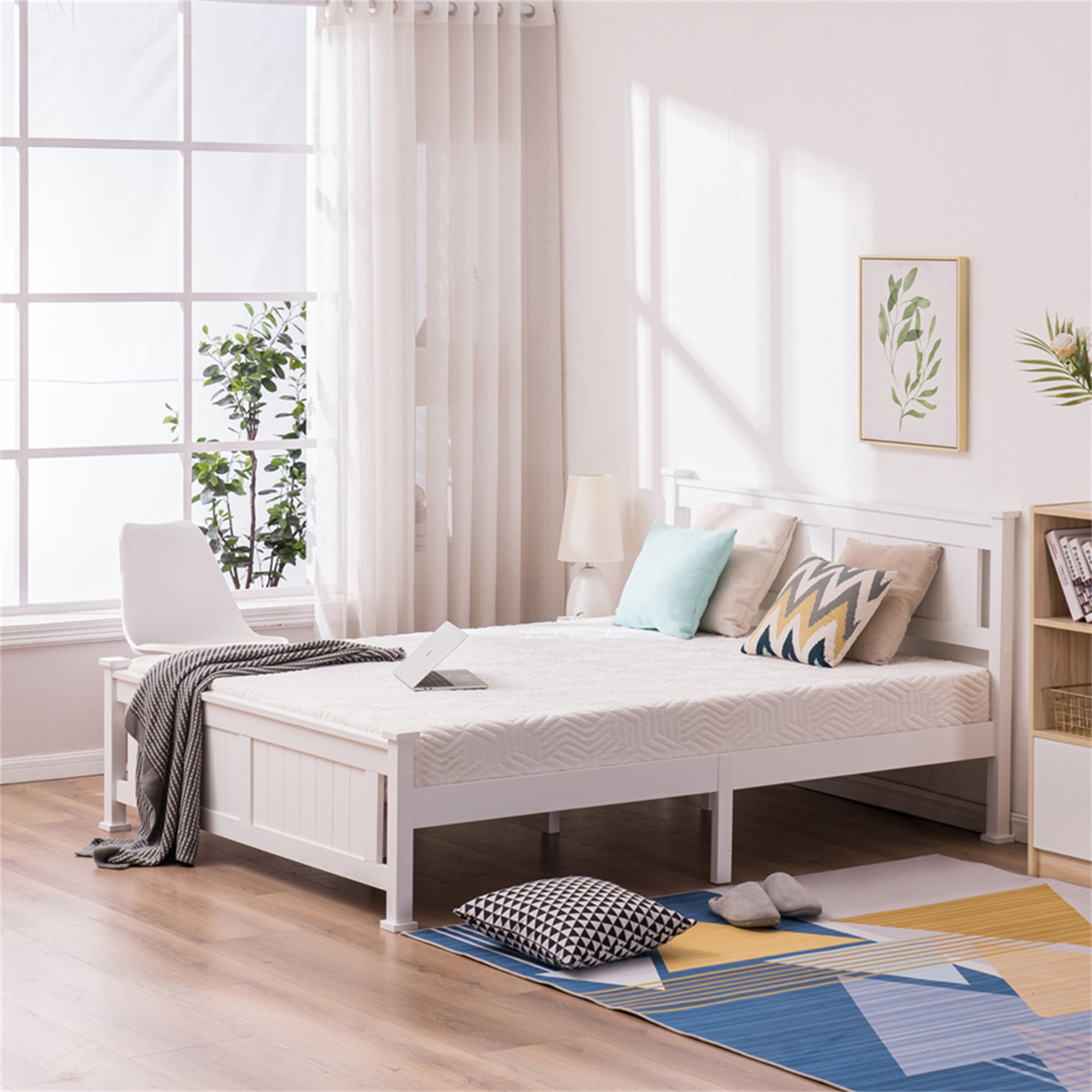 Kepooman with Headboard Bedroom Bed, Modern Queen Solid Wood Bed Frame Queen Full Size Bed Frame with Footboard, Solid Wood Slat Support, No Springs, White Kepooman with Headboard Bedroom Bed, Modern Queen Solid Wood Bed Frame Queen Full Size Bed Frame with Footboard, Solid Wood Slat Support, No Springs, White