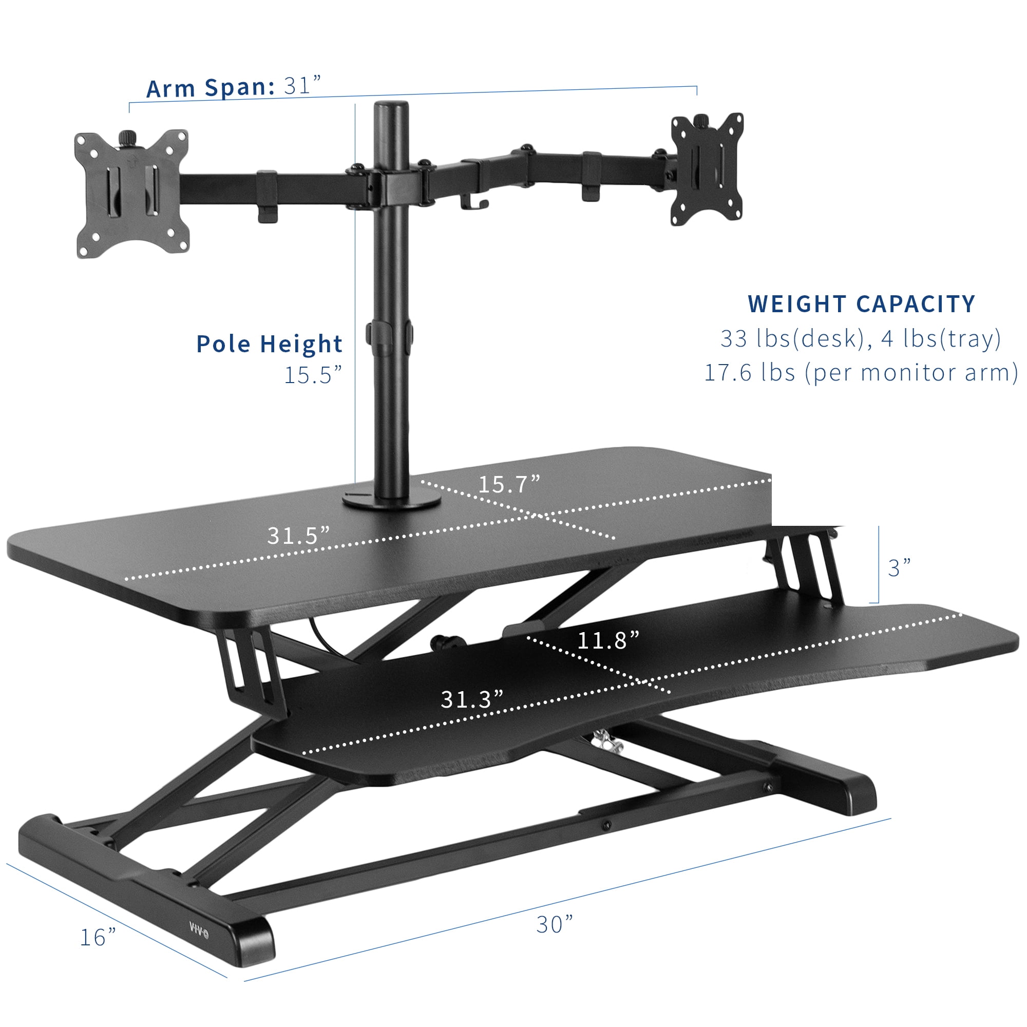 VIVO Black 32" Standing Desk Riser with Adjustable Dual 13" to 30" Monitor Mount