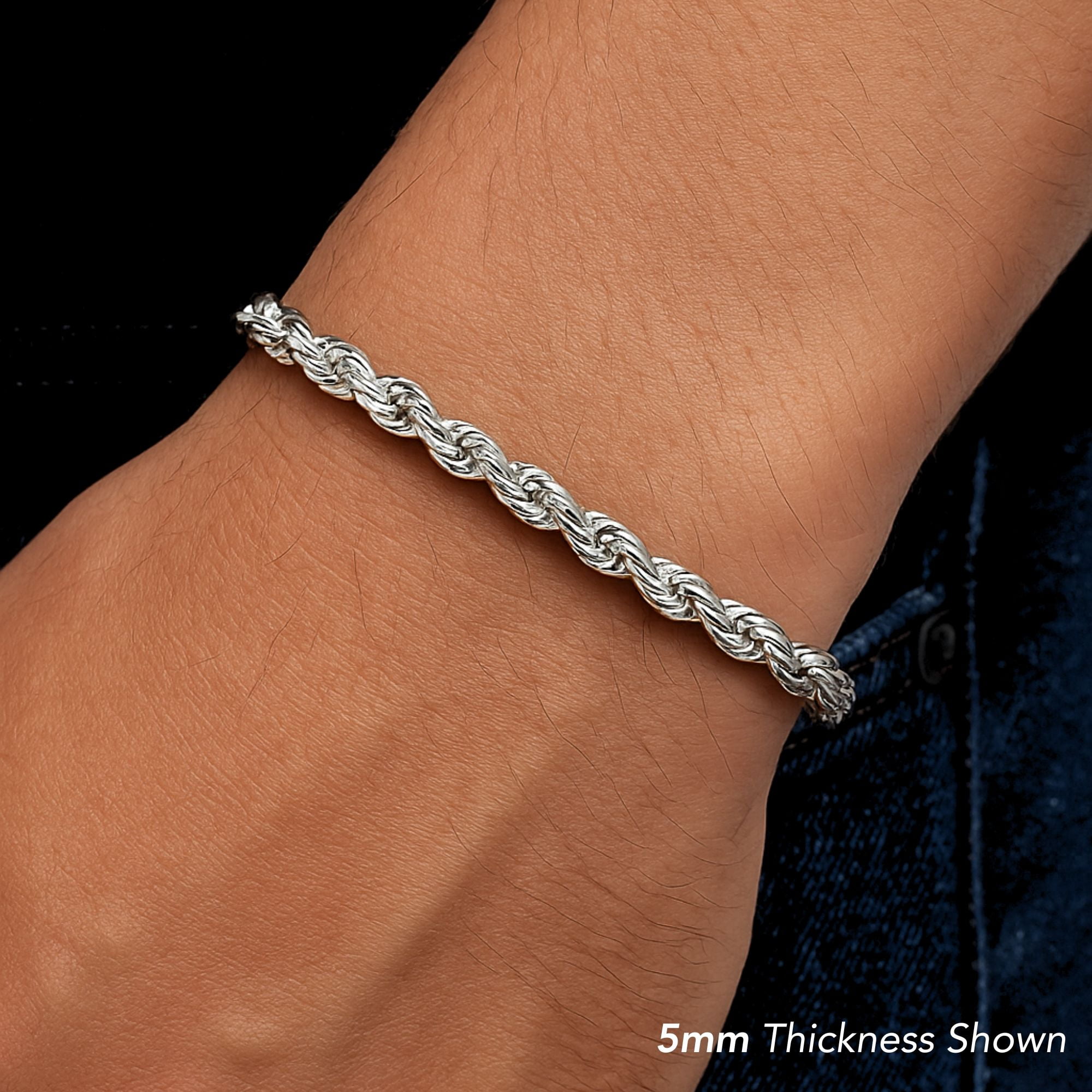 Tilo Jewelry Solid 925 Sterling Silver Rope Chain Bracelet with Secure Lobster Lock | 5mm - 8 Inch | Everyday Bracelet for Men, Women, Unisex