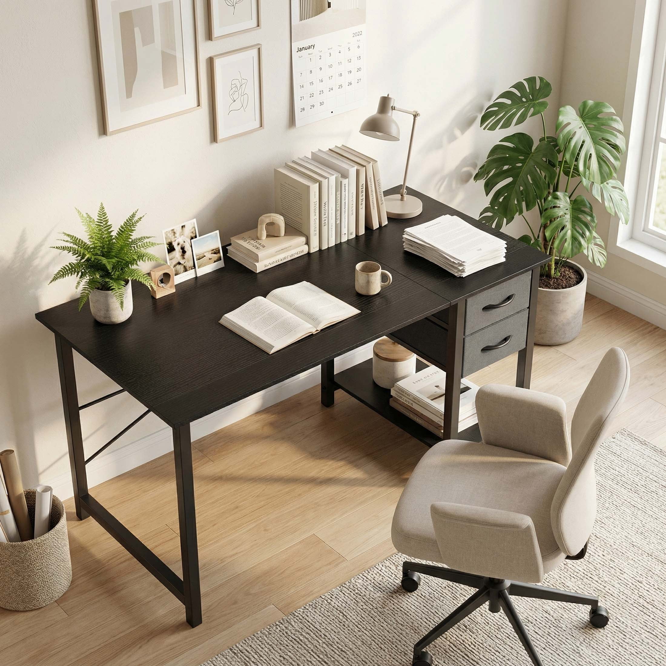 edx 47” Home Office Computer Desk with 2 Fabric Drawers, Storage Shelf, X-Frame Support, Spacious Computer Workstation Writing and Study Desk,Black Grain