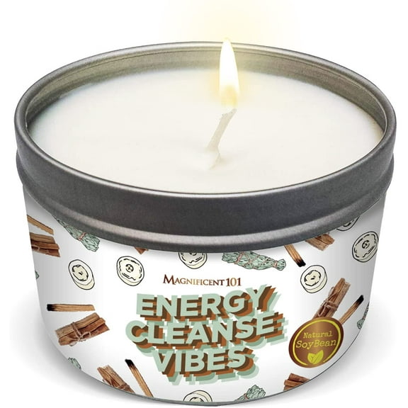 Magnificent 101 Long Lasting Energy Cleanse Vibes Candle | 6 Oz - 35 Hour Burn | All Natural Soy Wax Candle with Essential Oils for House Energy Cleansing & Manifestation | Let The Good Vibes In