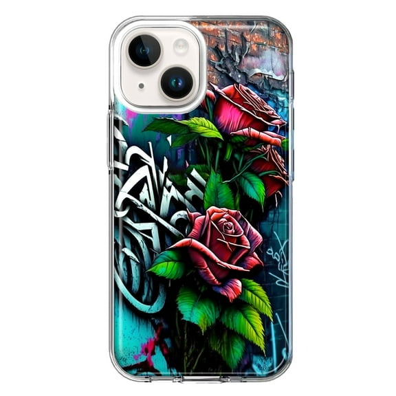 MUNDAZE Case for Apple iPhone 15 Hybrid Shockproof Slim Hard Soft TPU Shell Heavy Duty Protective Phone Cover - Red Roses Graffiti Painting Art