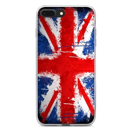 DistinctInk Clear Shockproof Hybrid Case for iPhone 7 PLUS / 8 PLUS (5.5 Screen) - TPU Bumper Acrylic Back Tempered Glass Screen Protector - Red White Blue British Flag Graffiti - Love of the UK
