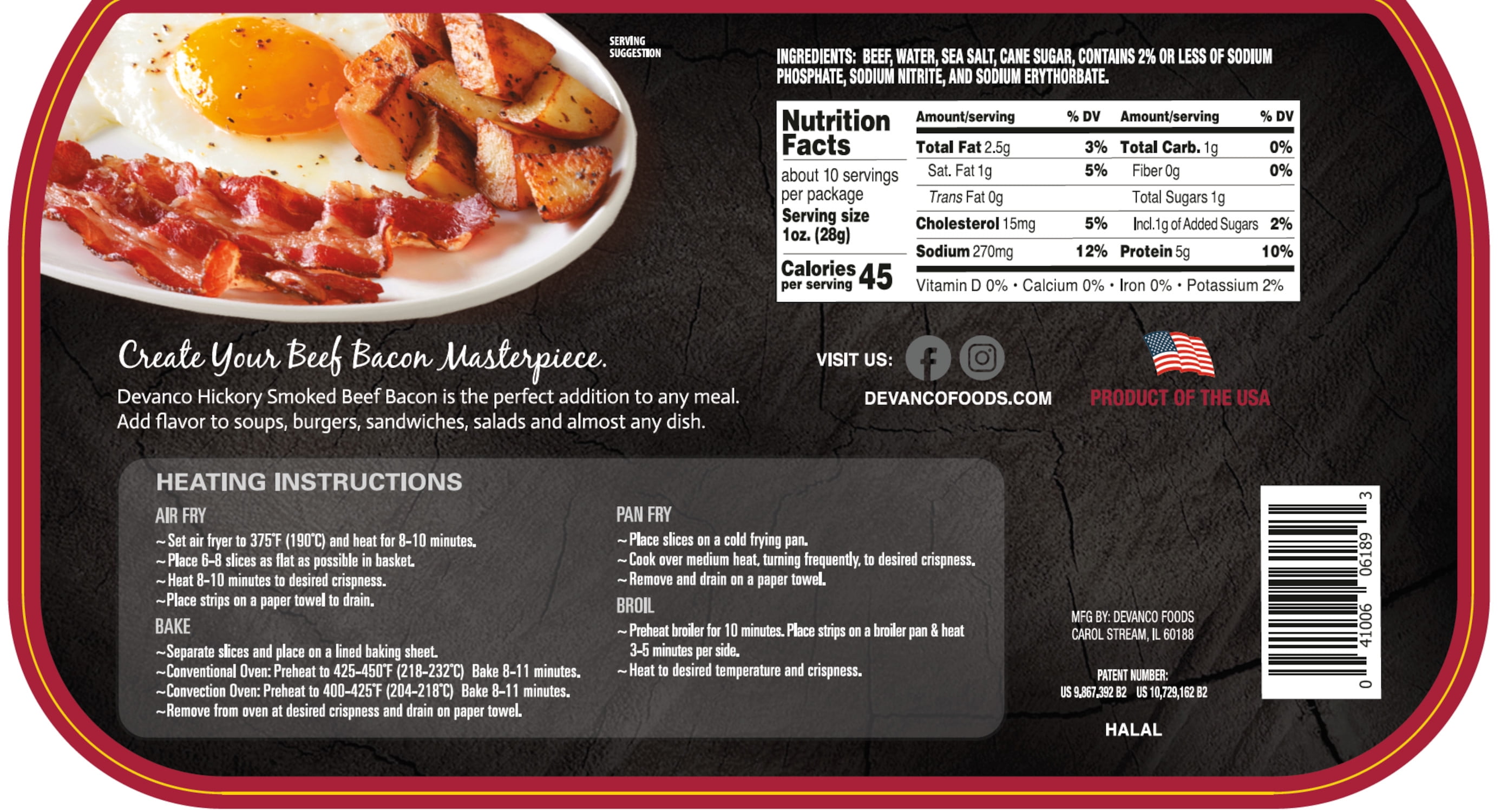 Devanco Beef Bacon, 10 oz, Halal, Refrigerated