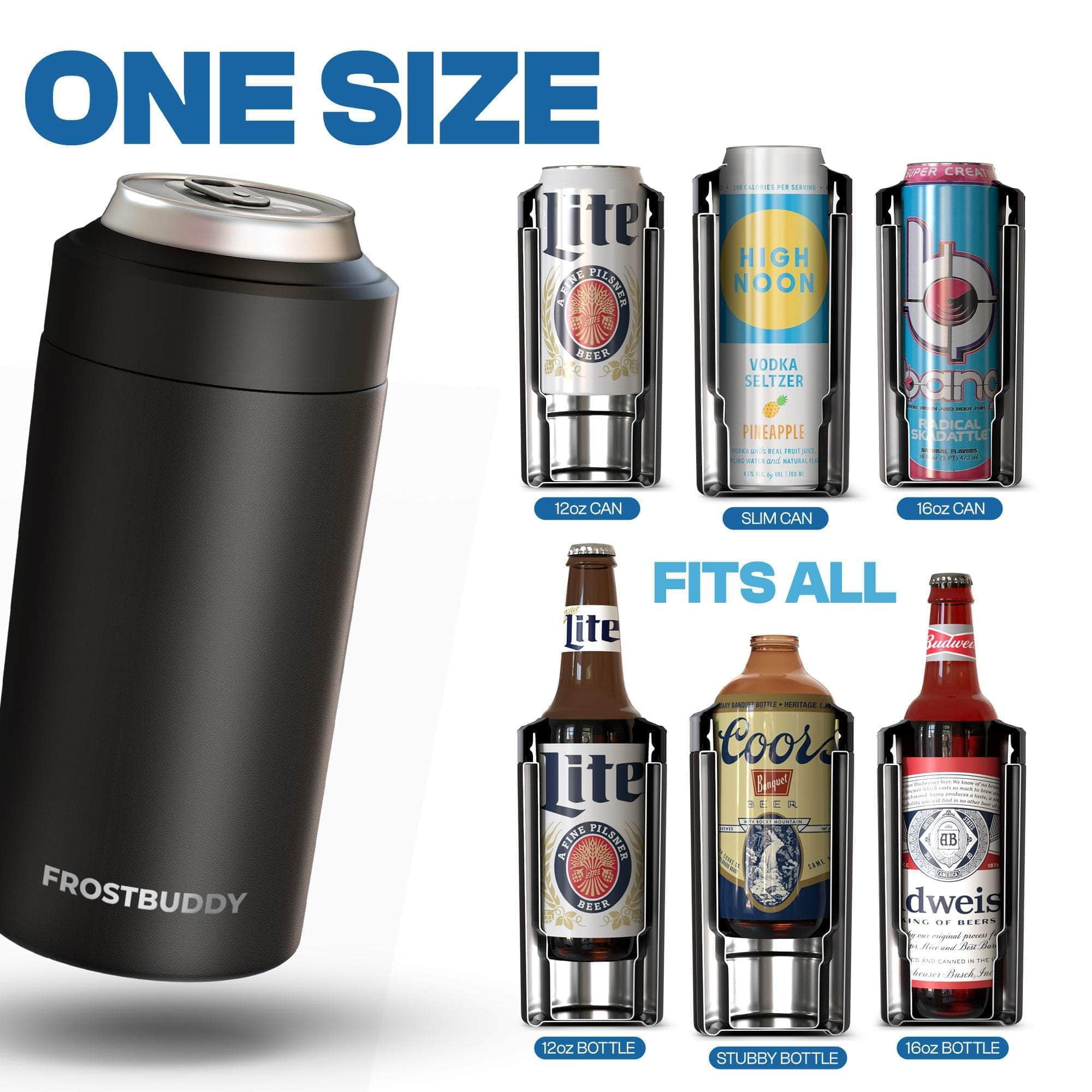 Frost Buddy Universal Can Cooler - Fits all - Stainless Steel Can Cooler for 12 oz & 16 oz Regular or Slim Cans & Bottles - Stainless Steel