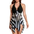 thumbnail image 3 of Traje De Baño Dividido Patrón De Estampado Elegante Cuello Halter Dobladillo De Malla Irregular Sin Espalda Traje De Baño De Dos Piezas Conjunto De Bikini Rayas Negras XXL, 3 of 6
