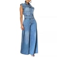 thumbnail image 3 of Monos de mujer de una pieza, pantalones vaqueros, monos sin mangas, cintura alta, cuello vuelto, pierna ancha, pantalones largos, mamelucos, verano 2024, 3 of 4