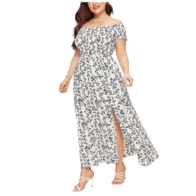 Vestido HUOGUO para mujer, talla grande, hombros descubiertos, estampado floral