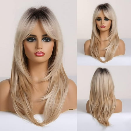 Blonde Wigs Long Curly Wigs Shoulder Length Heat Resistant Synthetic Wigs for Women with Bangs