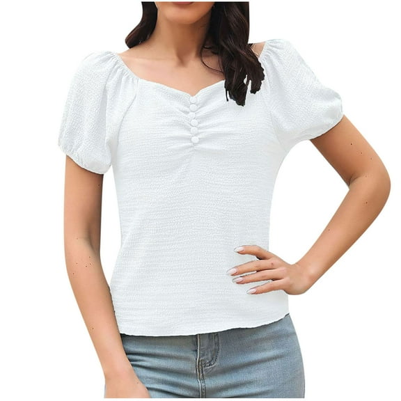 Summer Fashion T Shirts Tops for Women Puff Short Sleeve V-Neck Ruched Tunic Tees Tops Solid Color Casual Blouses