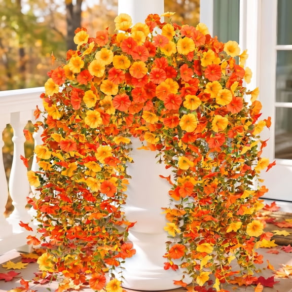 Scidweet Artificial Hanging Fall Flowers for Outdoors, 4 Pcs Faux Morning Glory Silk Flower with Eucalyptus Leaves for Porch Patio Decor, Orange Yellow and Red
