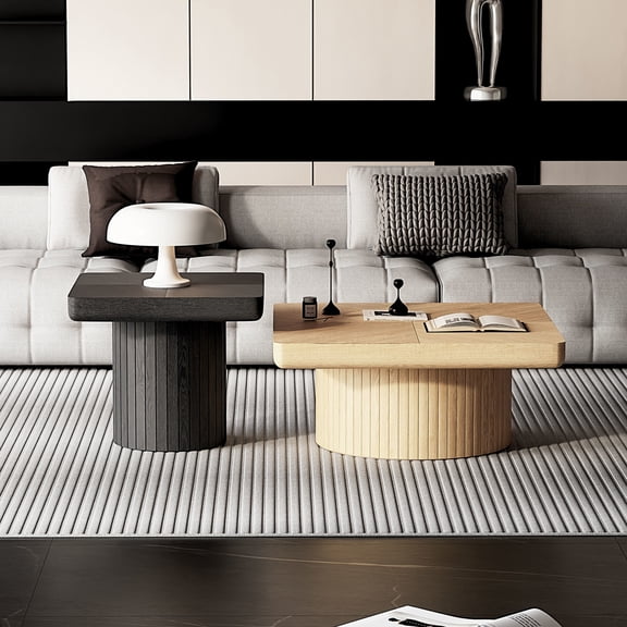 Noble House 2-Piece Nesting Coffee Table, Minimalist Wooden Center Table & Side Table, for Living Room, Black & Natural