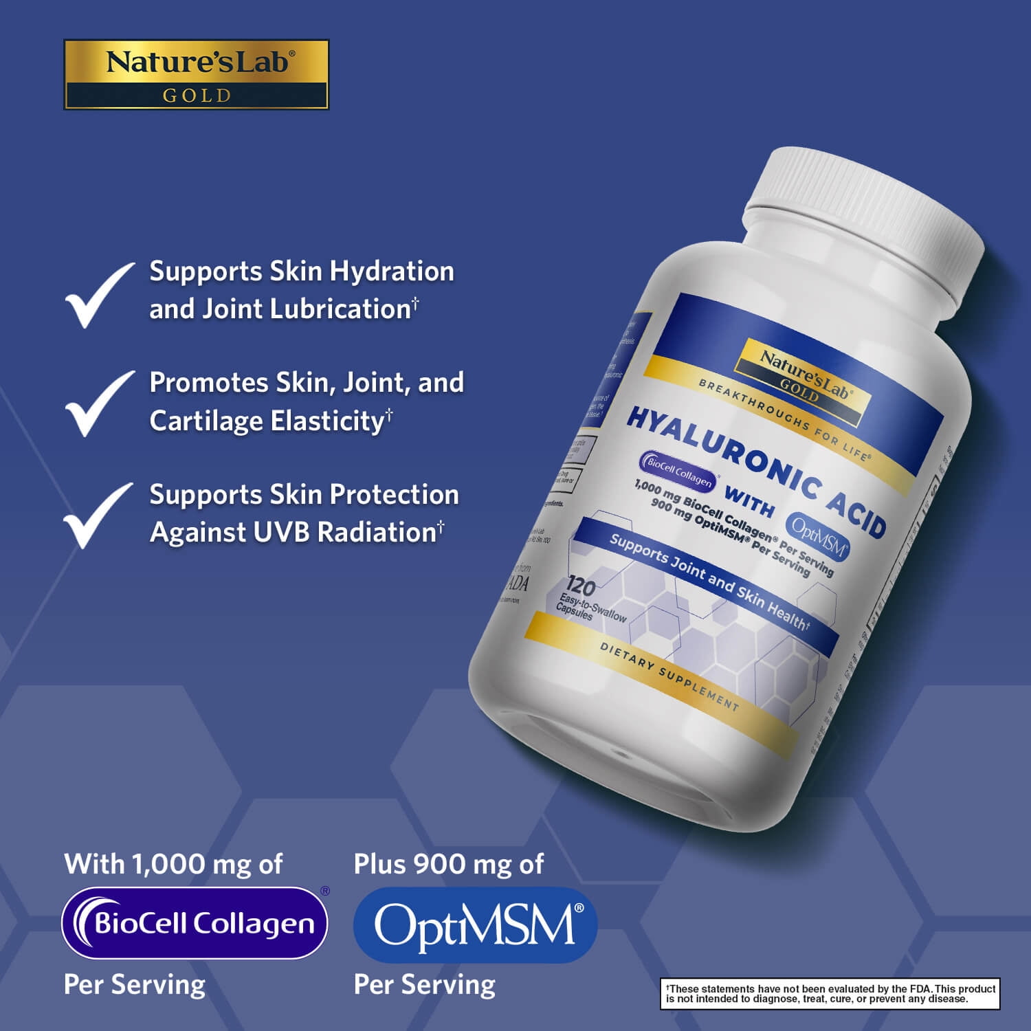 Nature's Lab Hyaluronic Acid with Biocell Collagen and MSM - 120 Capsules (40 Day Supply) - Skin Hydration, Joint Health*