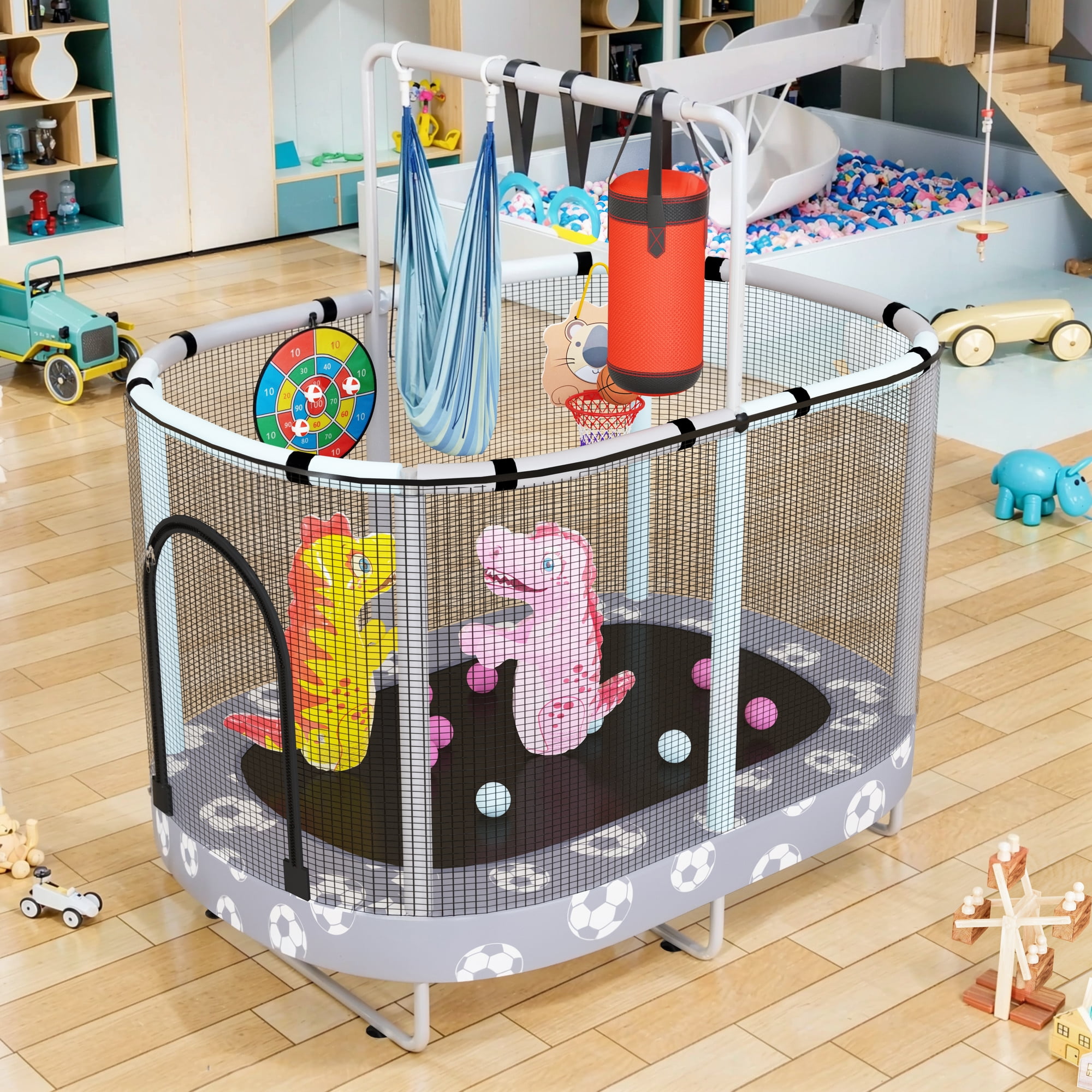 Baxluxe 60" Kids Trampoline 7-in-1, Elliptic Toddler Trampoline with Safety Enclosure Net, Height Adjustable Handrail & 500lbs Capacity, Mini Bouncer with Swing for Age 3-8, Gray Football