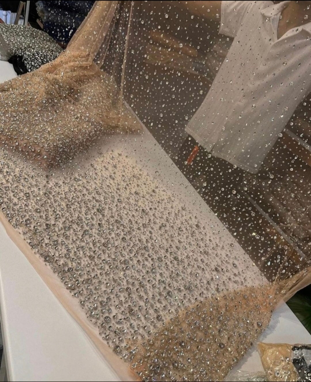 Exquisite Beaded Fabric Material for Elegant Bridal Gowns & Special Occasions