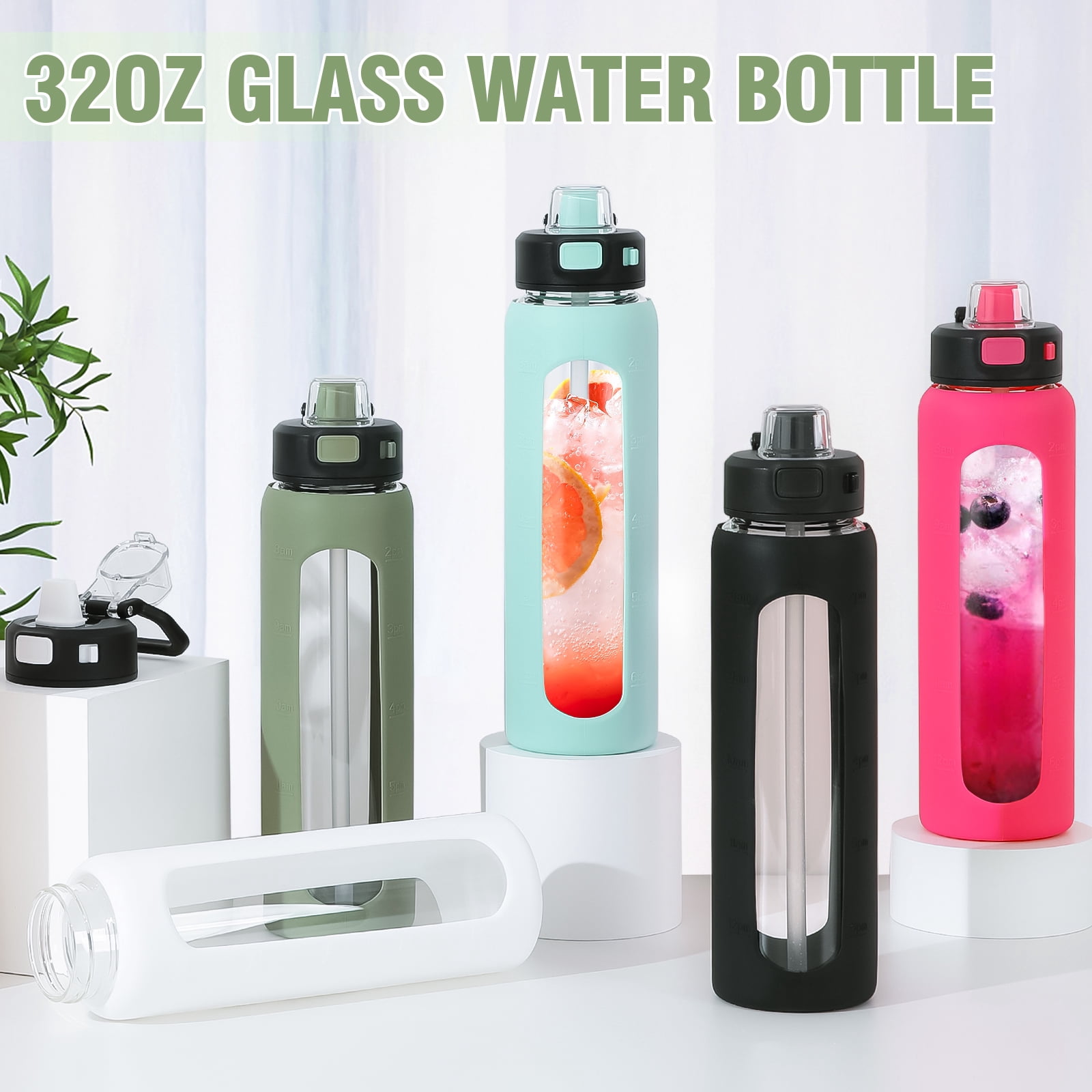 MUKOKO Water Bottle, 32oz Glass Drinking Bottle with Straw, Motivational Water Bottle with Leak Proof Locking Lid , Travel Sports Water Jug with Water Marker, Olive