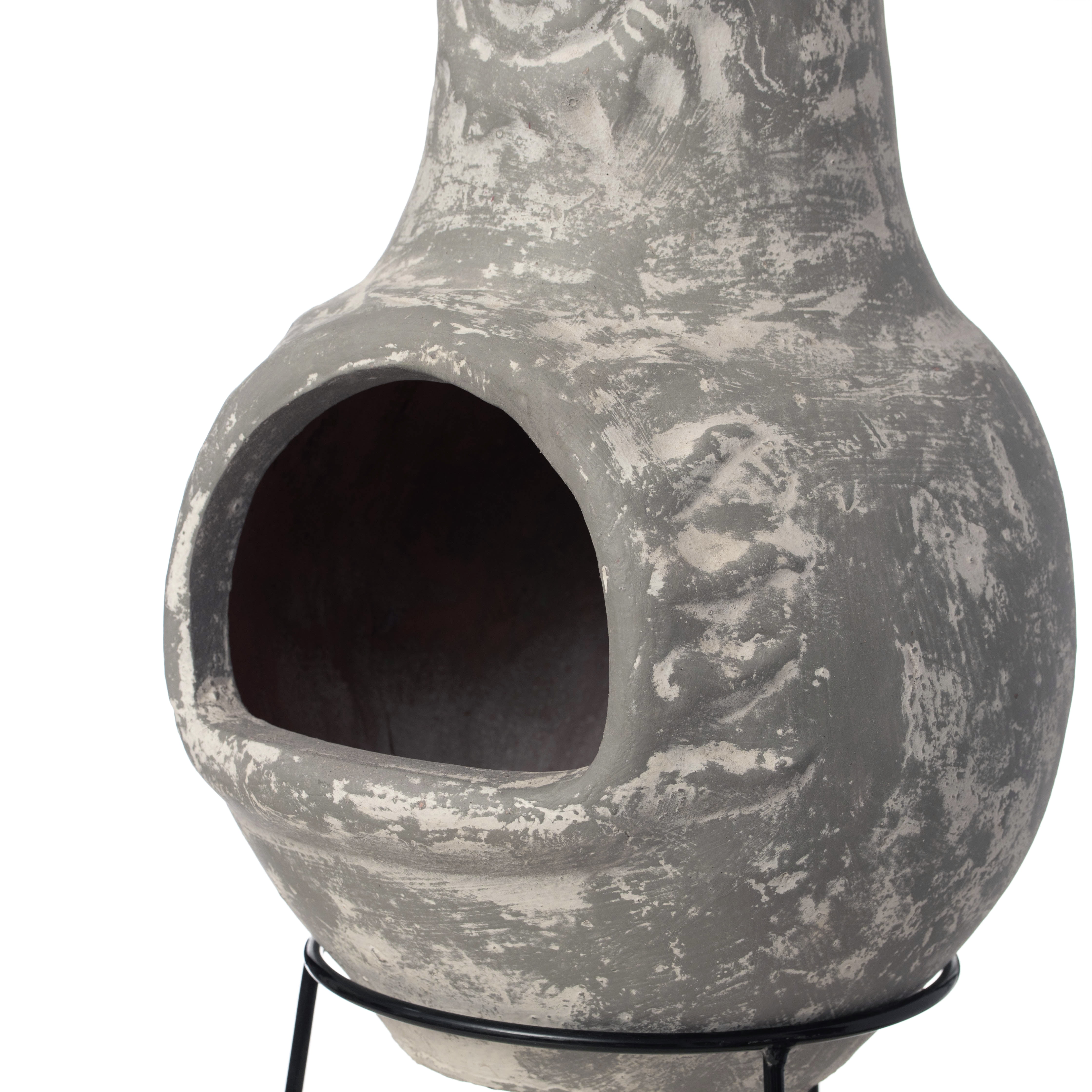 Vintiquewise QI004631.G Outdoor Clay Chiminea Fireplace Sun Design Wood Burning Fire Pit with Sturdy Metal Stand, Barbecue, Cocktail Party, Cozy Nights Fire Pit, Stone Gray