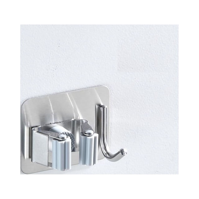 Qukaim Support mural pour balai à franges en acier inoxydable sans perforation, installation de colle, support multifonction pour salle de bain et toilettes, grands carrés, gris, avec crochet
