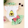 thumbnail image 6 of Musos Baby Girl Summer Outfits Letter Fruits Print Rompers Watermelon/Avocado Print Shorts Headband 3Pcs Clothes Set, 6 of 10