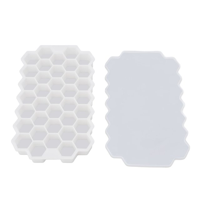 Molde flexible de silicona con forma de panal para hielo, 37 rejillas, para preparar cubitos de hielo caseros, color blanco, con tapa.