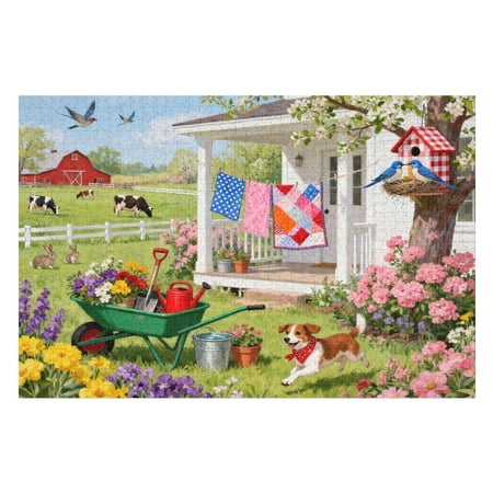 Spring Backyard 1000 Piece Jigsaw Puzzle for Adults Farm Garden Cabin Scene with Dog Birdhouse and Quilts Colorful Challenging Puzzle for Family Game Nights and Home Decoration