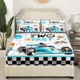 thumbnail image 2 of Two Fast Birthday Decorations Bedding Set For Boys Blue Race Car Fitted Sheet Checkered Flags Racing Wheel Bed Sheets Racing Cool Speed Birthday Gifts Sheets With 2 Pillowcases, Full（No Top Sheet）, 2 of 5