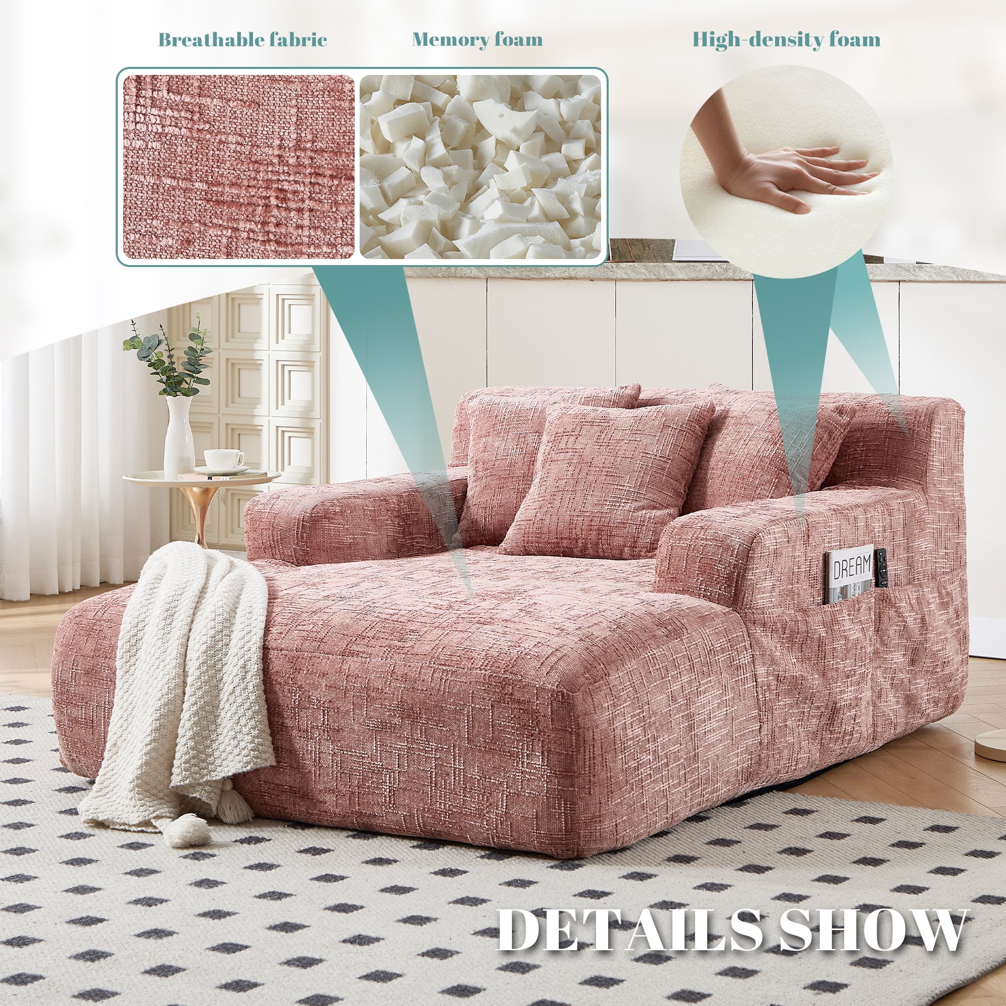 MOONMISS Chenille Upholstered Deep Seat Bean Bag Lazy Sleeping Sofa Chair with Three Pillows and Side Pocket-Pink