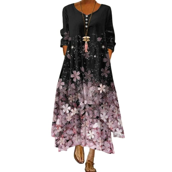 Seyurigaoka Women Long Sleeve Boho Dress,Skin-Friendly V-Neck Floral Print Autumn Long Dress