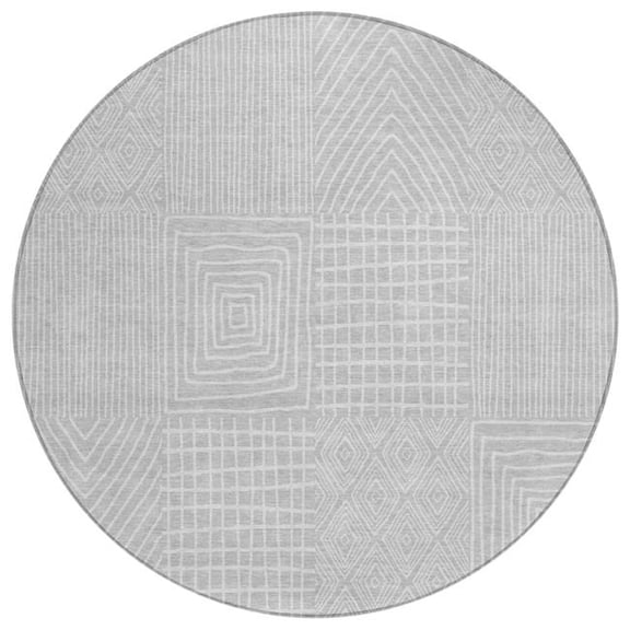 HomeRoots 596970 8 ft. Silver & Ivory Round Geometric Washable Indoor & Outdoor Area Rug
