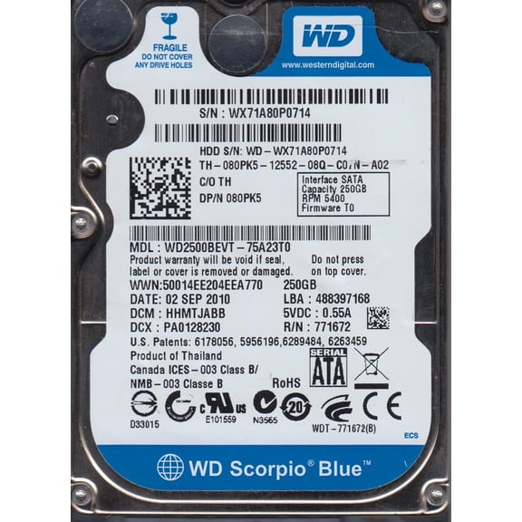 WD2500BEVT-75A23T0, DCM HHMTJABB, Western Digital 250GB SATA 2.5 Hard Drive