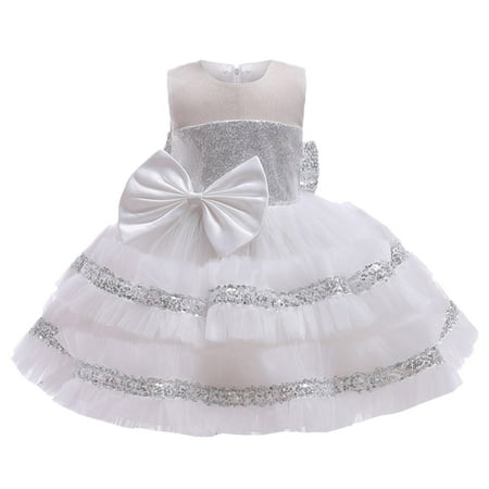 

Cathalem Kids Girls Pageant Xmas Princess Christmas Dress Tulle Girls Gown Paillette Wedding Bowknot Party Kids Plaid for Girls Dress White 18-24 Months