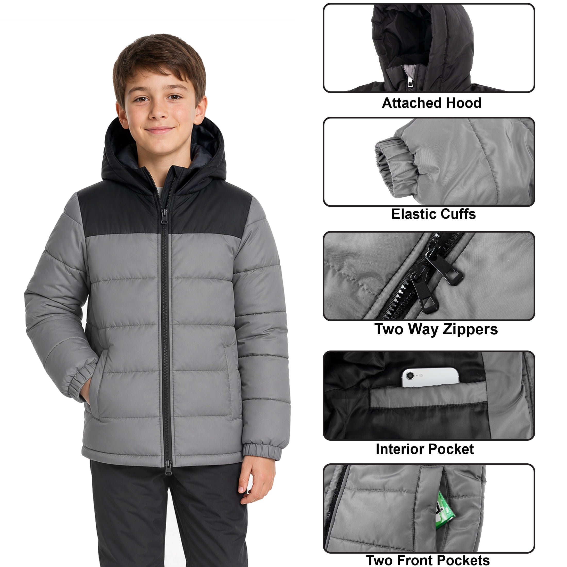 Trailmaker (10 Pack) Boys Kids Hooded Water Resistant Insulated Puffer Jackets, Midweight with Pockets, Cinched Cuffs, Two-Way Zippers (10 Pack, Assorted Colors)