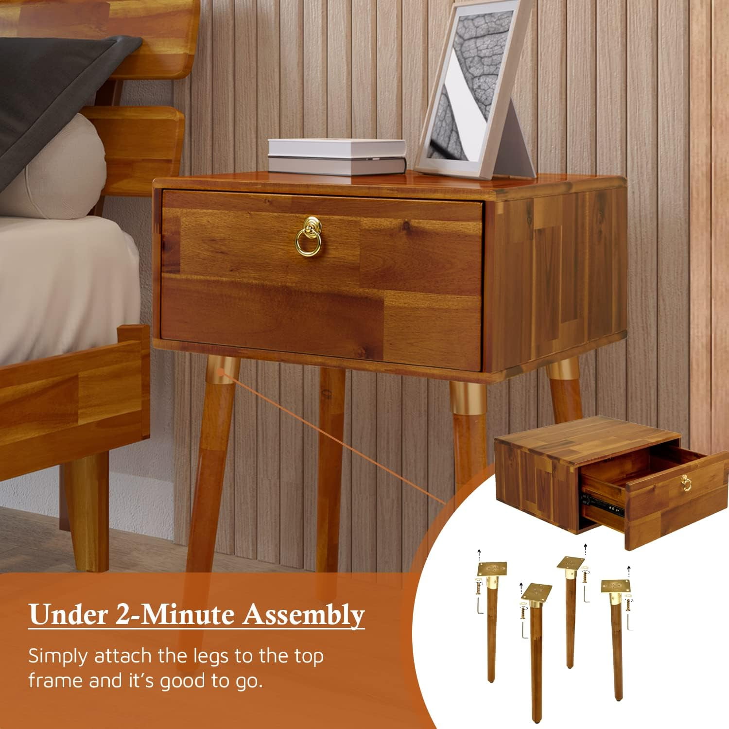 Ledan Nightstand, Modern Style, Solid Acacia Wood, Caramel