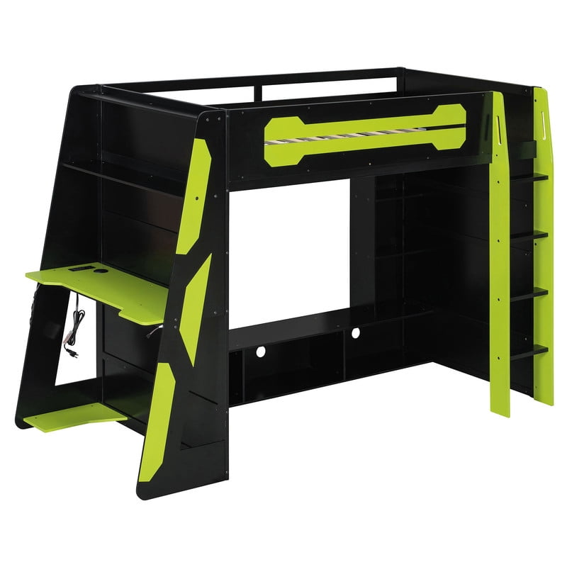 Twin Size Gaming Loft Bed with Desk and RGB LED Light, Wooden Loft Bed Frame with Workstation and Storage Shelves for Bedroom, Dorm Room