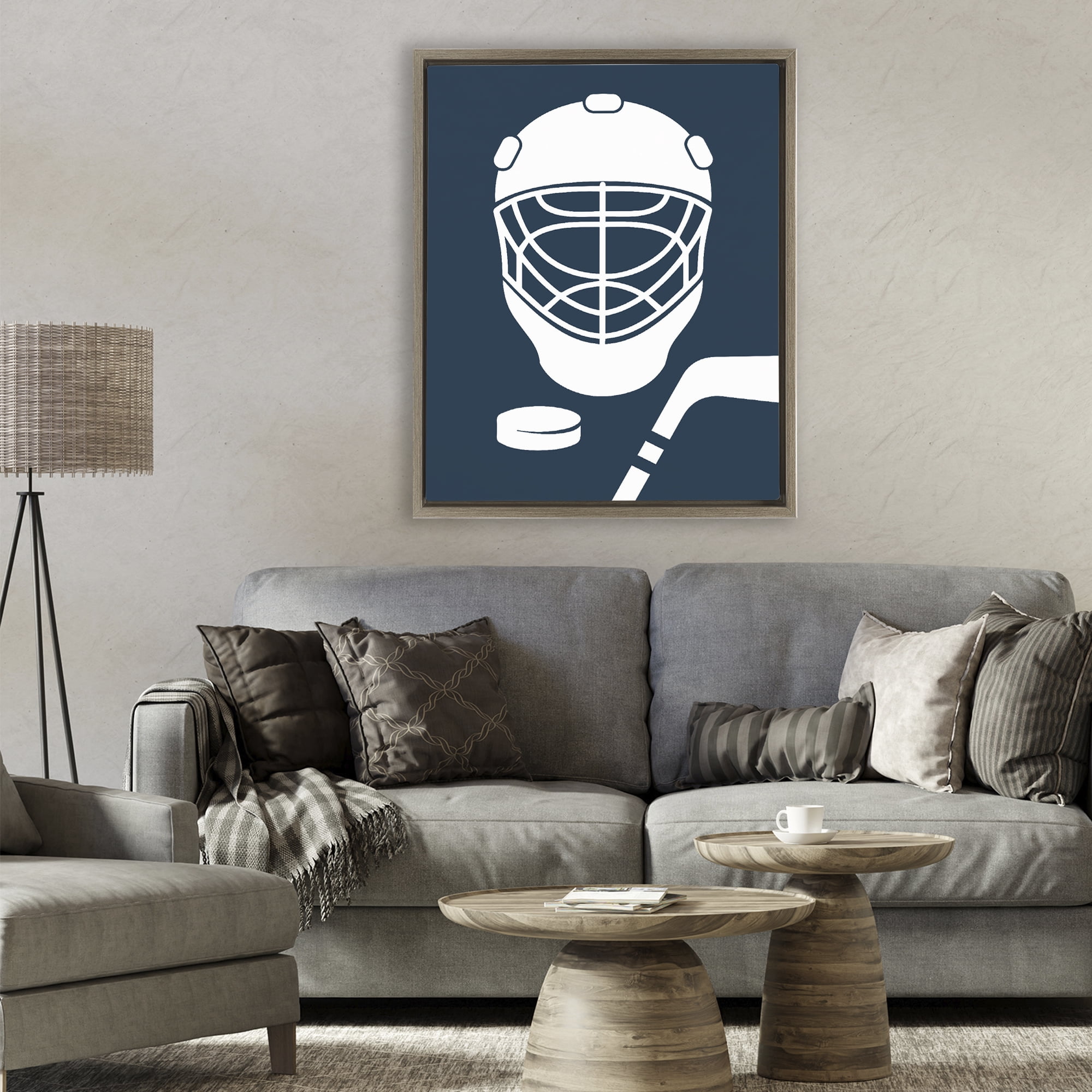 Stupell Industries Hockey Mask Blue & White Brown Framed Floater Canvas Wall Art, design by Melody Hogan