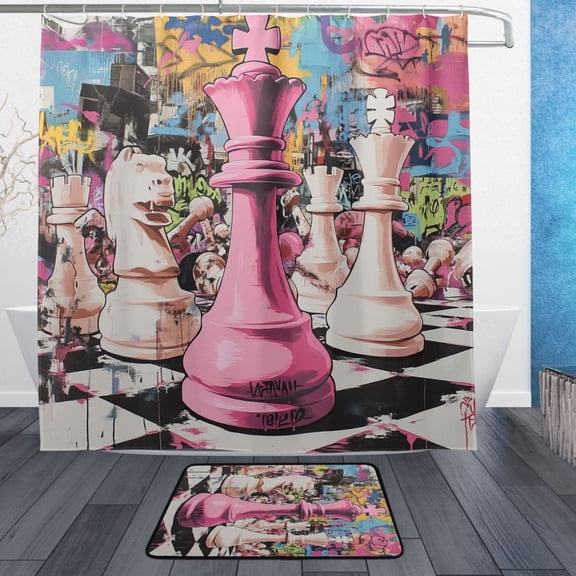 BZSMCE Shower Curtain and Bath Accessory Set,Urban Chess Warfare Pattern