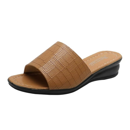 

new home gifts for home Women Fashion Solid Color Leather Surface Slope Heel Beach Sandals And Slippers PU Khaki