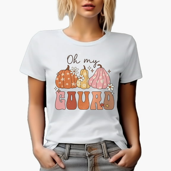 Distressed Oh My Gourd - Fall or Autumn Pun with Gourds Art Merch Gift, White T-Shirt, Small