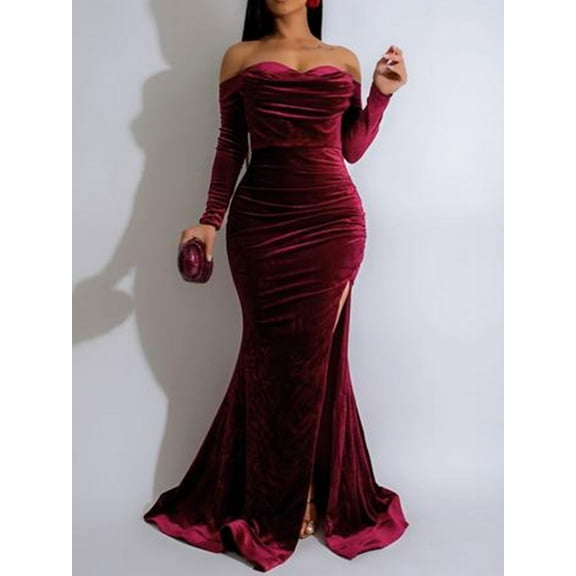 Women's Velvet Off Shoulder Long Sleeve Split Hem Maxi Dress, Elegant Formal Gown for Evening Party Wedding Guest