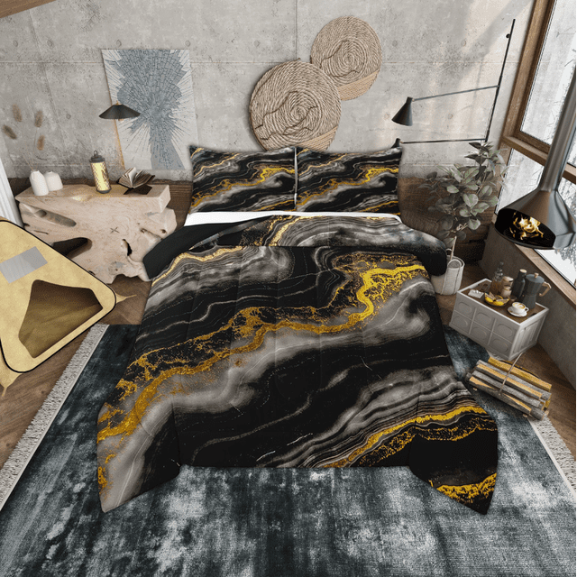 Erosebridal Literie Marbre Noir Gris Or Ensemble de Couette pour Tout-Petit, Couette en Duvet Aquarelle Abstraite, Réversible 2 Pcs