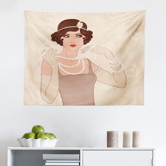 Old Hollywood Tapestry, Lady with Bandana and Rose on Geometric Pattern Background, Fabric Wall Hanging Decor for Bedroom Living Room Dorm, 2 Sizes, Ruby Grey and White, by Ambesonne