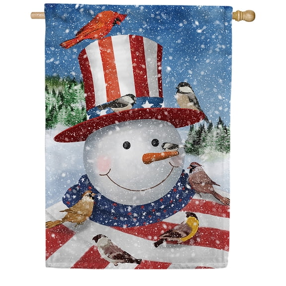 America Forever Winter Patriotic Snowman House Flag Vertical Double Sided 28 x 40 inches Winter Holiday Seasonal Flags for Outdoor, Yard Porch Decoration, Cardinals Snowfall Snowbirds House Flag