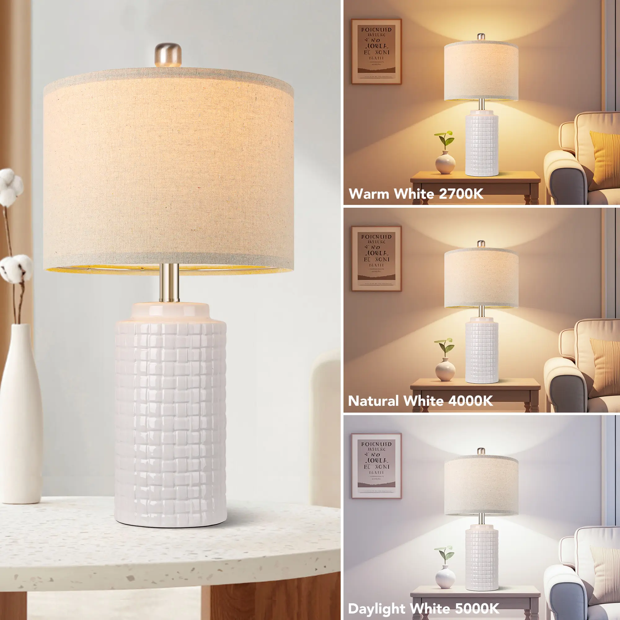 23in Modern Ceramic Table Lamp Set of 2, Table Lamps Rustic Bedside Nightstand White for Living Room