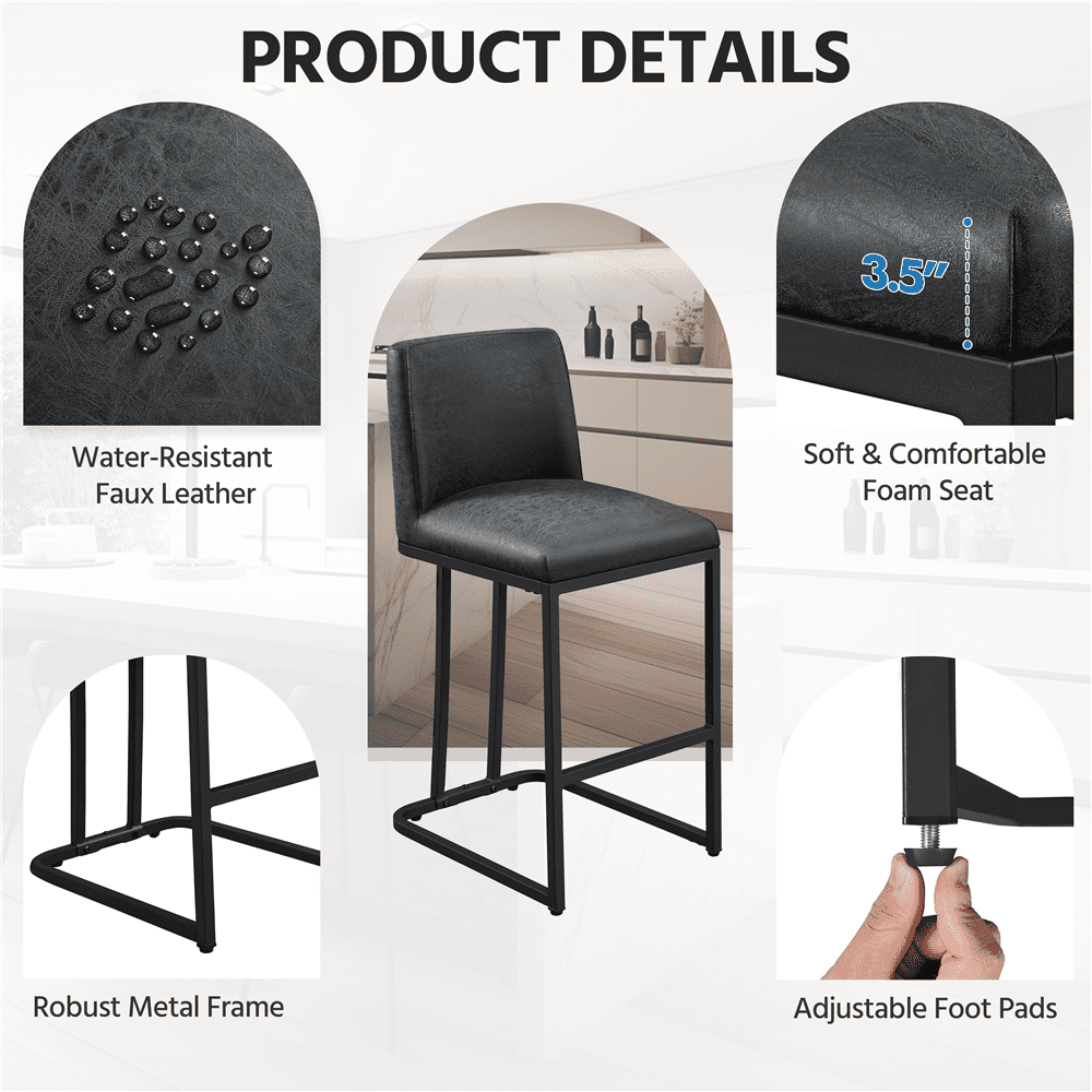 Alden Design 24.5″ Modern Upholstered Counter Height Bar Stools for Kitchen Dining, Black