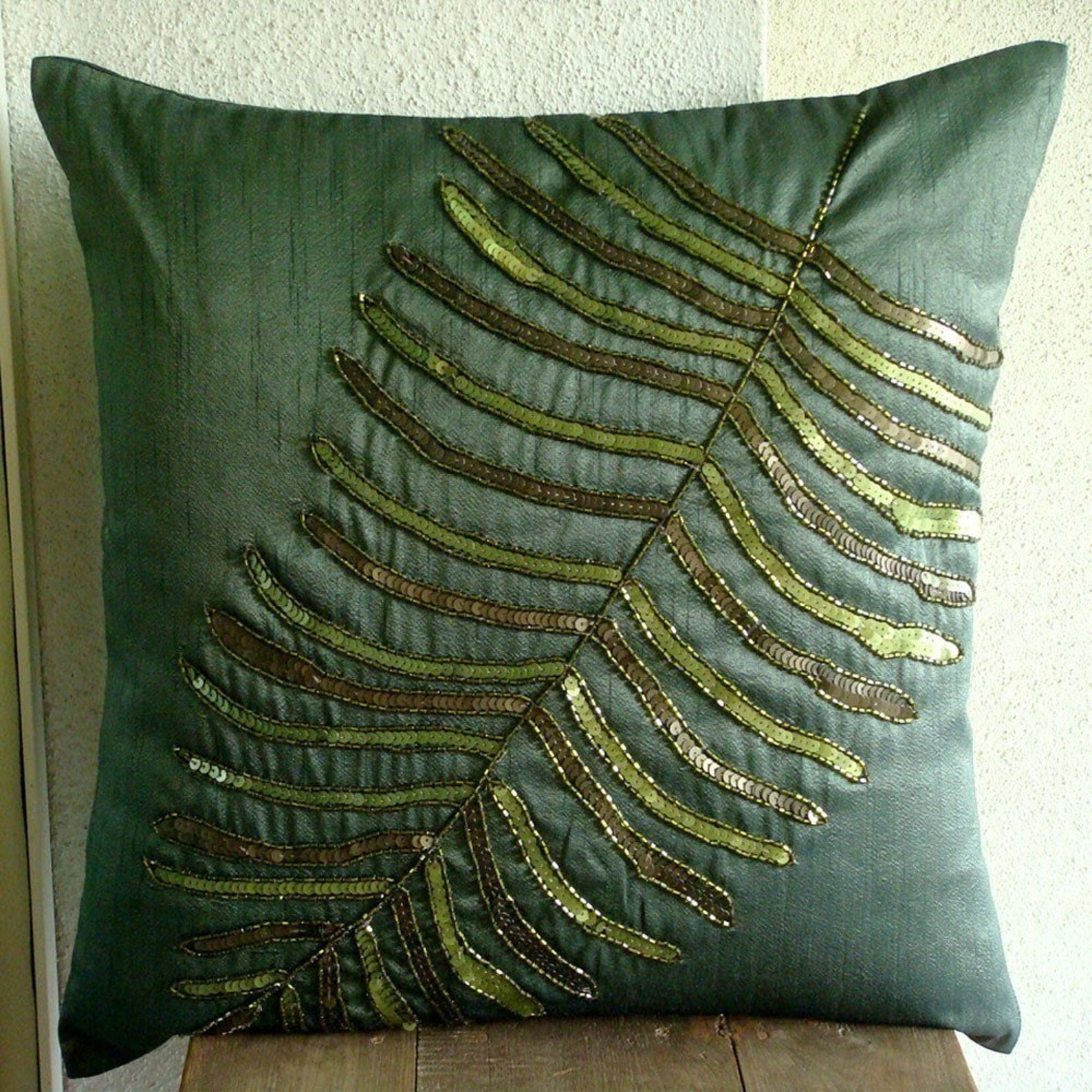 Pillow Covers, Dark Green Pillows Cover, Leaf Sequins & Beaded Pillows Cover, Throw Pillow Covers 18x18 inch (45x45 cm), Square Silk Pillows Covers, Floral, Tropical - Floating Leaf