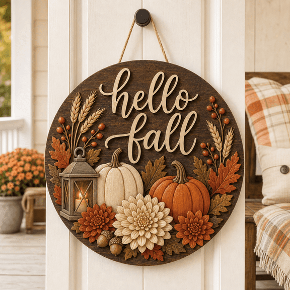 Thanksgiving Wooden Door Sign with Fall Welcome Pumpkin Florals for Entry
