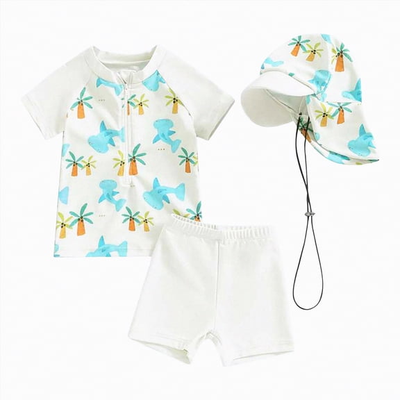 mgoYE Boy Swim Set Size 8 Baby Toddler Boys Swimsuit Infant Girl Swimsuits 6 12 18 24M 2T 3T 4T Bathing Suit Swimwear 3Pcs Set Rash Guard Hat(White,12-18 Months)