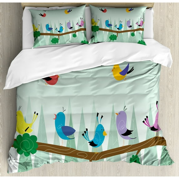 Forest Friends Duvet Cover Set King Size, Cartoon with Colorful Cute Happy Birds on Branch Nursery Themed Print, Decorative 3 Piece Bedding Set with 2 Pillow Shams, Multicolor, by Ambesonne