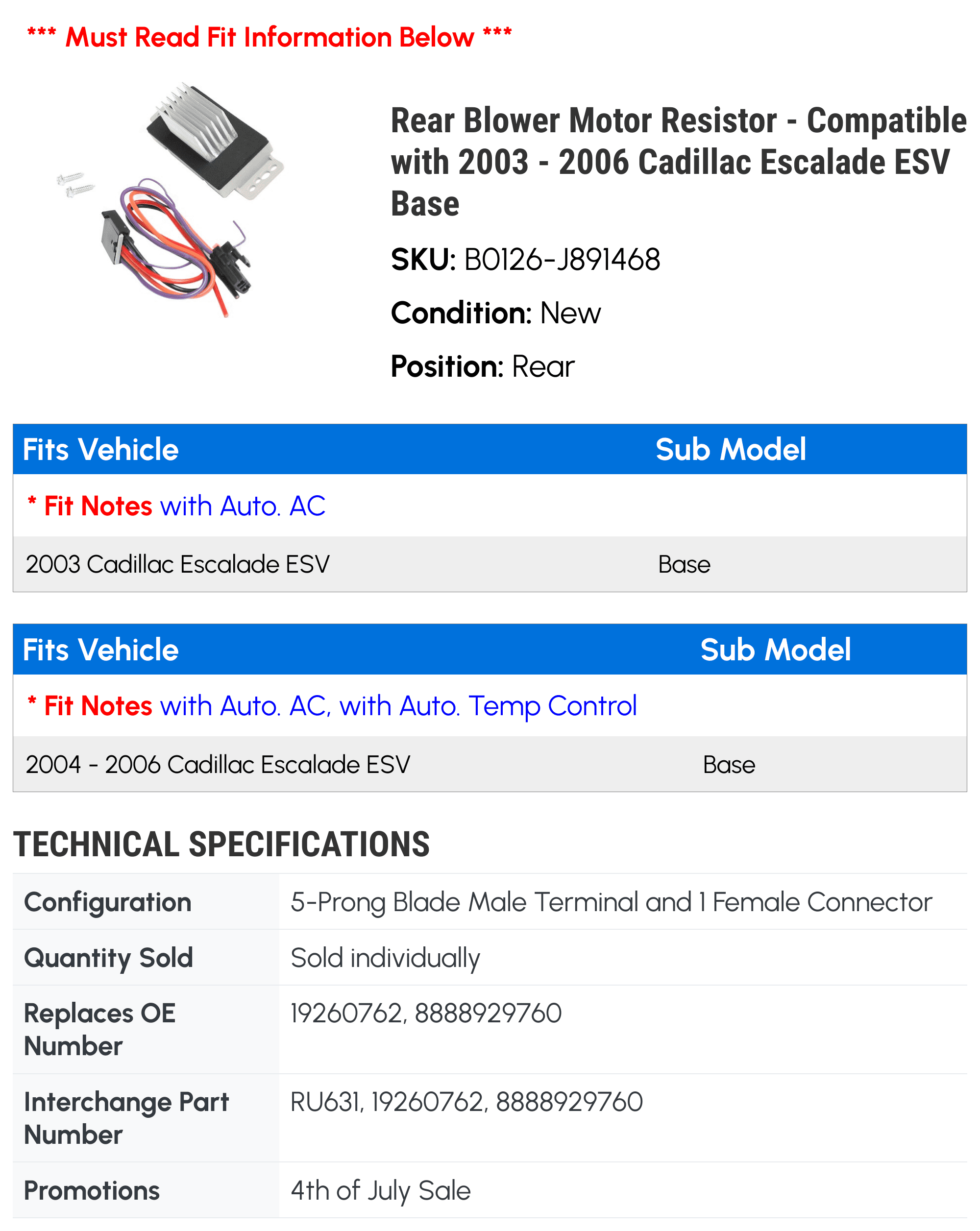 Rear Blower Motor Resistor - Compatible with 2003 - 2006 Cadillac Escalade ESV Base 2004 2005